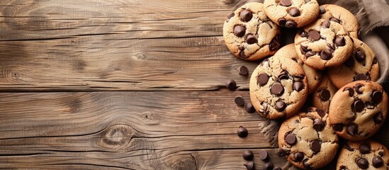 Sticker - Cookies with chocolate chips displayed on a wooden backdrop with copy space image.