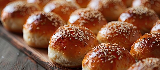 Canvas Print - Many small buns topped with sesame seeds were displayed in the copy space image.