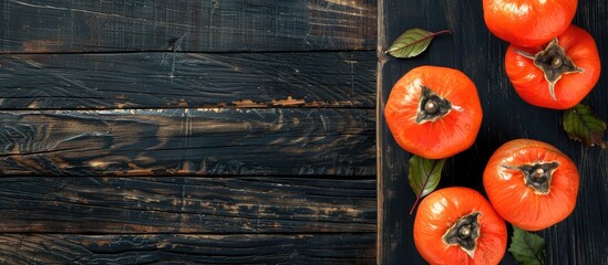 Poster - Top view of ripe persimmons fruit on a dark wooden board with copy space image.