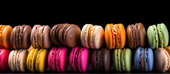 Poster - Colorful French macaroons displayed on a dark background, with copy space image available.
