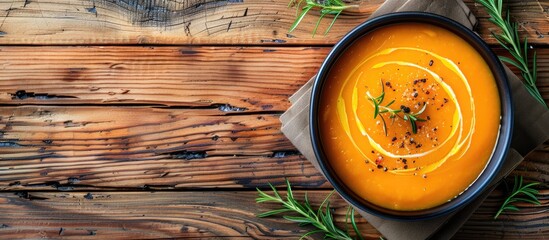 Aufkleber - Top view of pumpkin soup on a wooden backdrop with copy space image available for text.