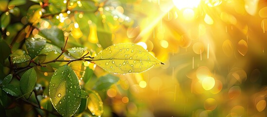 Aufkleber - Copy space image of dewy yellow-green autumn leaves under morning sun in a forest with a blurred background.