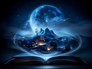 Wall Mural - An enchanting nighttime scene in an open book, with a glowing moon, twinkling stars, and a quiet village nestled in the hills The details are rich, and the colors are deep and magical Copy space for