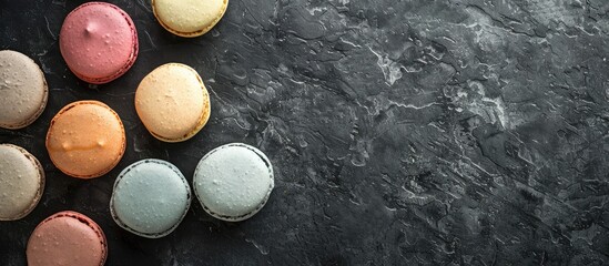 Sticker - Sweet macarons displayed on a textured black concrete surface viewed from above, featuring an empty area for text or other content within the image.