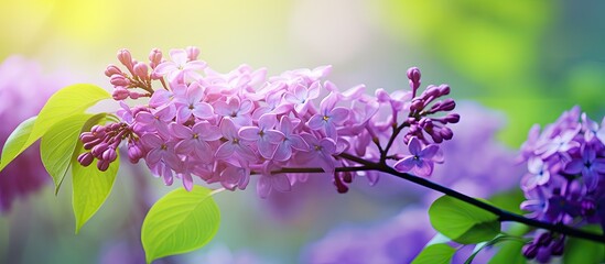 Sticker - Close-up image of a lilac branch with a purple hue against a lush green garden background, featuring ample copy space image.