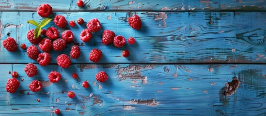 Poster - Scattered ripe raspberries on aged blue wood backdrop with copy space image.