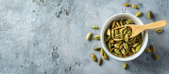 Sticker - A white ceramic bowl and bamboo spoon hold green cardamom (Elettaria cardamomum) on a gray concrete backdrop, emphasizing healthy eating with copy space image.