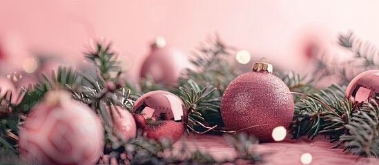 Poster - Festive Christmas ornaments with fir branches against a soft pink backdrop, perfect for a copy space image.