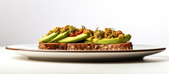 Poster - Avocado and chili on rye bread displayed on a white plate with a plain white background, perfect for copy space image.