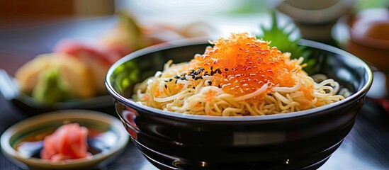 Sticker - Vividly displayed in the picture is a visually appealing Japanese dish featuring vibrant somen noodles, with ample space for additional content in the image.