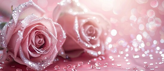 Poster - Valentine's Day-themed banner featuring pink background adorned with sparkling silver roses, exuding a feminine touch with a romantic and love-inspired concept. Ideal for copy space image.