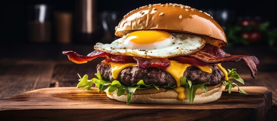 Poster - Delicious American beef, egg, and bacon burger presented in a restaurant setting on a rustic wooden table, showcasing its gourmet appeal with copy space image.