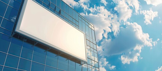Poster - Billboard on glass building against blue sky with copy space image. Emphasizes advertising and commercial themes. Ideal for showcasing designs.