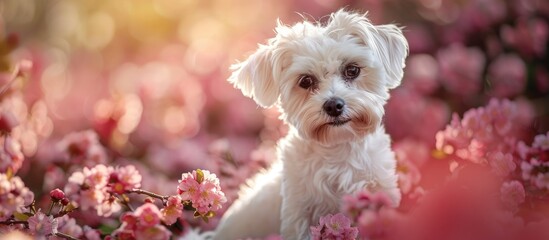 Sticker - White dog poses among spring blossoms in a charming setting with copy space image.