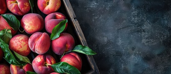 Wall Mural - Ripe organic peaches piled on a wooden tray background with top view and close-up shot, emphasizing copy space image for conveying a clean eating concept.