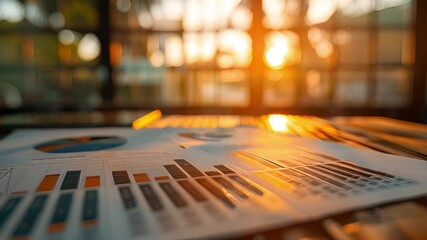 Poster - A close-up of a piece of paper with bar graphs and a pie chart lies on a desk near a window. The sun sets outside, casting warm light over the scene.