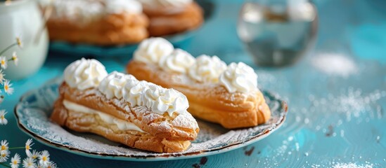 Poster - Delicious homemade eclair with cottage cheese dessert on blue background with horizontal copy space image.