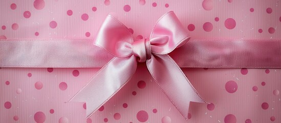 Canvas Print - Top view of a pink ribbon bow on holiday paper, creating a festive background with ample copy space for Christmas or birthday gift box concepts.