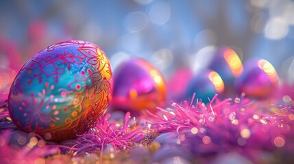 Wall Mural - Vibrant Easter Decorations Close-Up with Symmetry and Depth of Field in Natural Light - Digital Art Featuring Complementary Colors