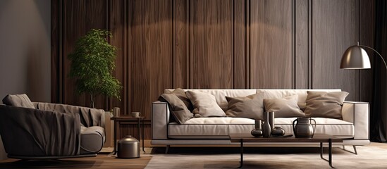 Poster - Contemporary interior design in a modern living room with a cozy sofa, carpet, a stylish lamp, decorations on a table, and a wooden panel against a copy space image.