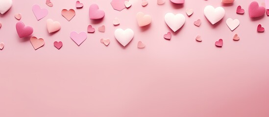 Leinwandbilder - Valentine's Day theme with pink hearts on a soft pink background, creating a romantic copy space image in a flat lay style from above.