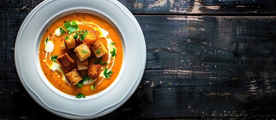 Aufkleber - Top view of pumpkin soup in white plate with croutons, placed on a dark, weathered table, offering plenty of copy space image.