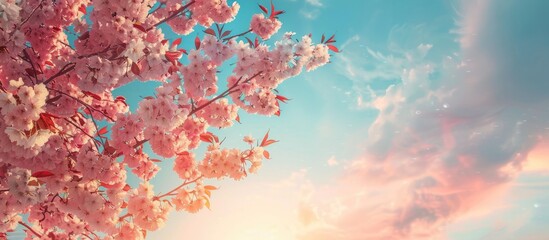Poster - A lovely pink cherry blossom tree in sunset's soft warm evening light with a vintage effect against a blue sky background; featuring copy space image.