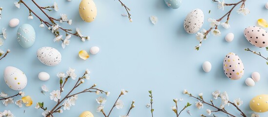 Wall Mural - Easter-themed greeting card mockup featuring Easter eggs, flowers, and pussy willow, with a blank area for adding text or images, ideal as a copy space image.