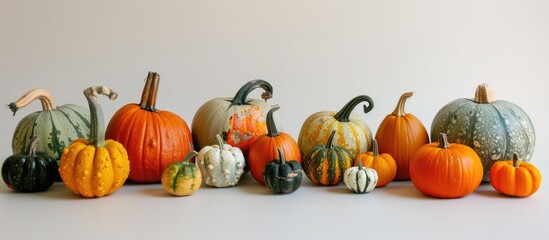Poster - Various pumpkins arranged in front of a blank backdrop create a visually appealing copy space image.