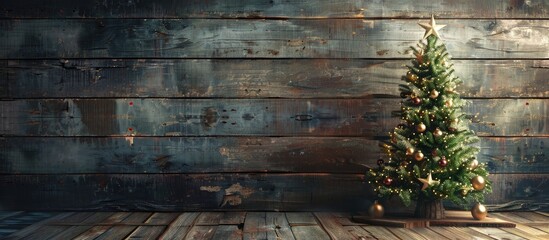 Poster - Festively decorated Christmas tree displayed on a rustic wooden board with ample copy space image.