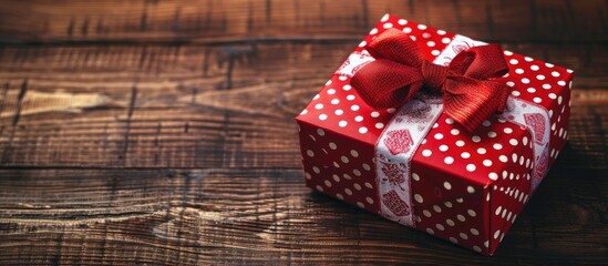 Aufkleber - Gift box adorned with a classic red and white ribbon bow, suitable for vintage themes, with room for copy space image.