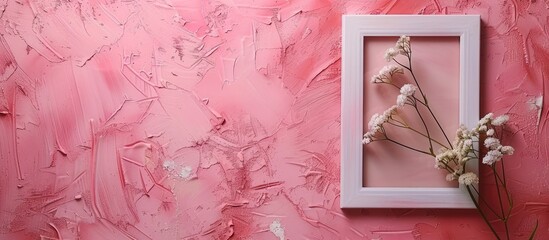Aufkleber - Top view mockup featuring a white picture frame with mouse-ear chickweed flowers on a pink textured backdrop, providing space for an image.