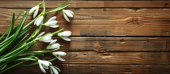 Aufkleber - Snowdrops beautifully arranged on a wooden backdrop with copy space image available.