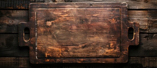 Sticker - A vintage cutting board arranged from above, displaying a top view, against a weathered dark wooden table, providing ample copy space for text or food.