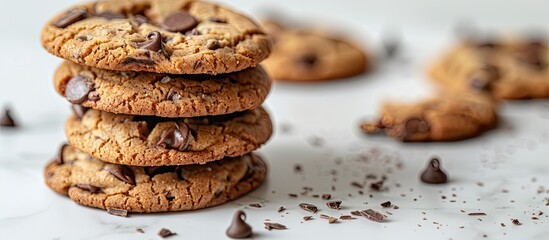 Poster - A mouthwatering stack of Chocolate Chip Cookies on a white surface with copy space image.