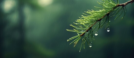 Poster - Pine tree with raindrop-covered needles in a serene forest setting, perfect for a copy space image.