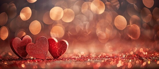 Poster - Valentine's Day themed decor with red wooden hearts placed on a table adorned with glitter, creating a festive ambiance with a blurred background ideal for a copy space image.