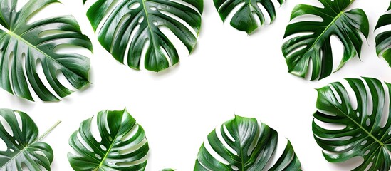 Fototapete - Monstera leaves on a white background are featured in this tropical botanical copy space image, perfect for nature concepts and flat lay with a clipping path.