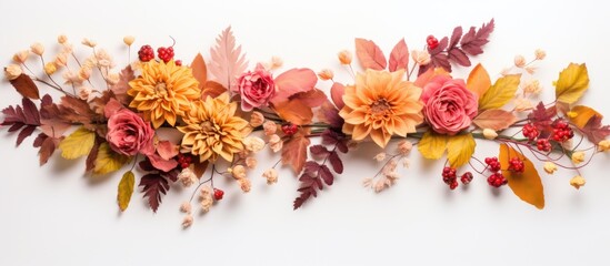 Aufkleber - Floral arrangement capturing the essence of autumn with fresh flowers arranged in a frame on a white background, conveying a fall theme perfect for top-down photography with ample copy space image.