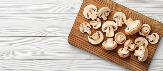 Wall Mural - Overhead view of sliced mushrooms on a wooden cutting board against a white wooden backdrop, with a flat lay perspective offering a spacious copy space image.