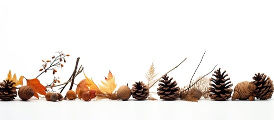 Aufkleber - A fall-themed arrangement of dried leaves and pine cones on a white backdrop, perfect for a copy space image.