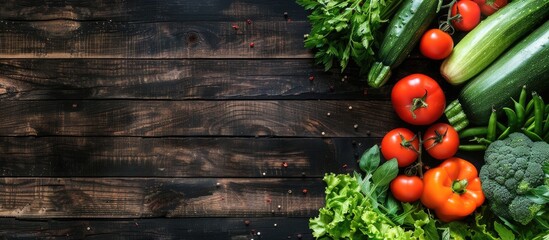 Poster - A plant-based vegetarian food concept with fresh vegetables for cooking on a dark wooden table background, top view, forming a frame or banner with copy space image.
