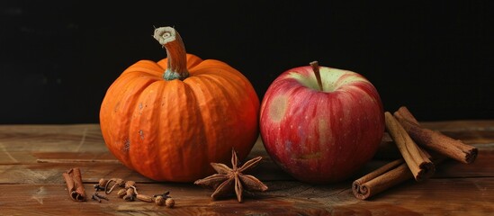 Wall Mural - Studio photo of a pumpkin, apple, and cinnamon beautifully decorated in a pleasing arrangement with copy space image.