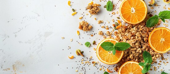 Aufkleber - Granola with orange slices, mint, and seeds on a white table with space for text or images.