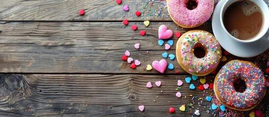 Poster - Top view of colorful donuts with heart-shaped sprinkles and smarties, next to a cup of coffee on a wooden background, with space for text or other images.