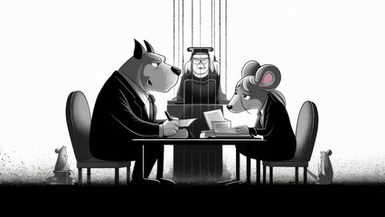 Sticker - A cartoon mouse and rat sitting at a table with judge in the background, AI