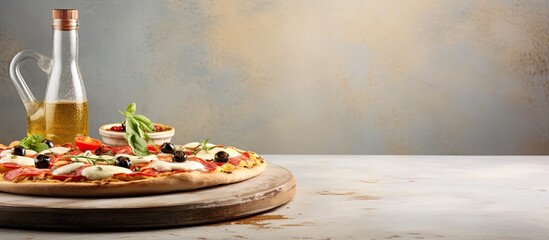 Canvas Print - Pizza margarita on a plate over a light textured background with copy space image.