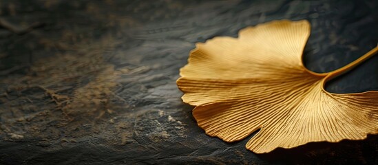 Aufkleber - Close-up of an elegant golden ginkgo leaf on a dark background, suitable for a design project that includes copy space image.