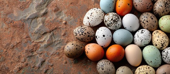 Wall Mural - Brown background showcases creative quail egg pattern with vibrant Easter concept. Colorful eggs on display with copy space image for a unique and healthy breakfast presentation.