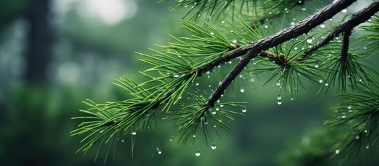 Poster - Pine tree with raindrop-covered needles in a serene forest setting, perfect for a copy space image.